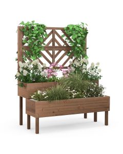 Jardinière avec treillis à 2 niveaux en bois de sapin bac à fleurs rectangulaire avec trou de drainage pour plante grimpante café