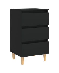 Table de chevet noire avec pieds en bois - 3 tiroirs - 40x35x69 cm