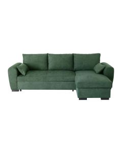 Canapé d'angle convertible réversible Soro avec méridienne, coffre et 2 coussins déco en tissu vert forêt - L 240 x P 143 x H 85 cm
